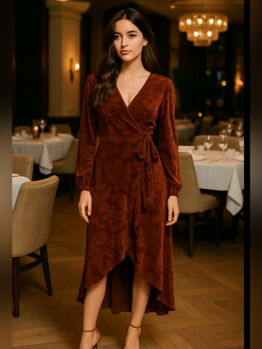 Cinnamon Velvet Burnout Floral High-Low Wrap Midi Dress Dark Romantic Regency